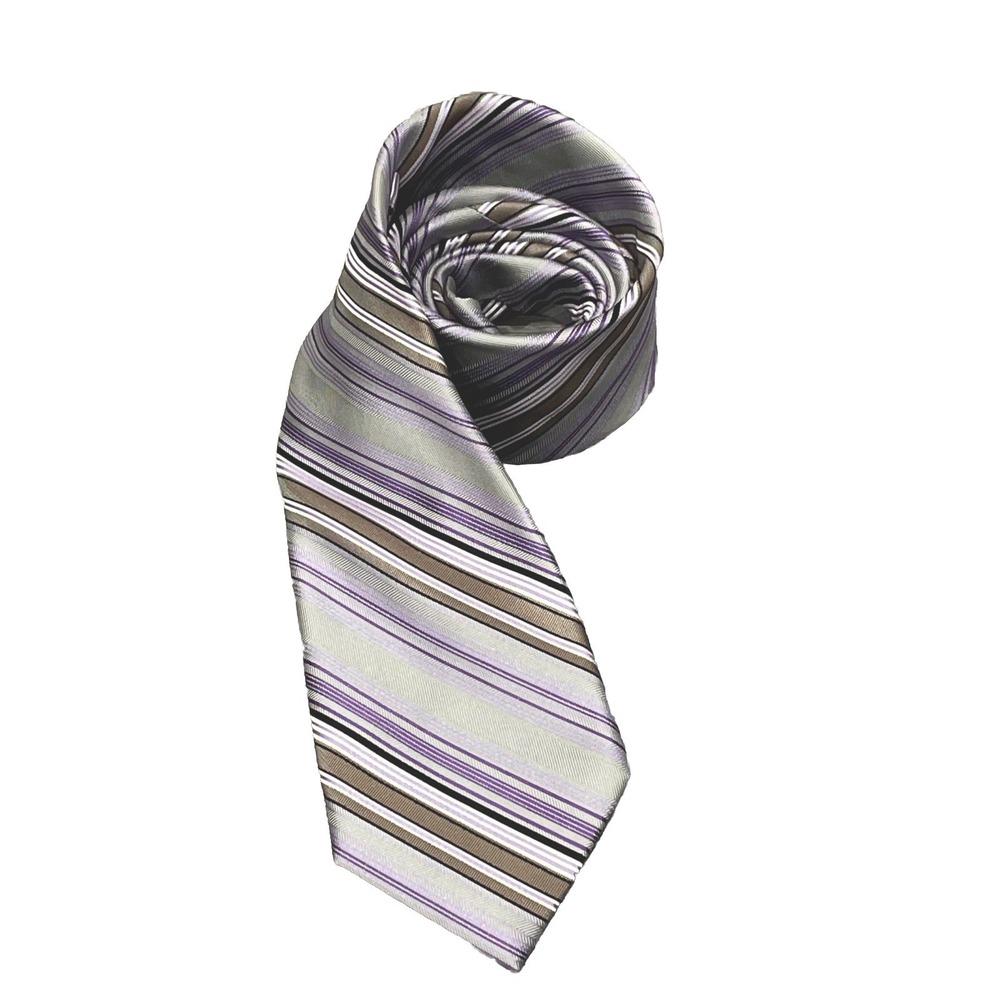 BACHRACH Men's 100% Silk Necktie Striped Purple/ Gray/ Brown‎
